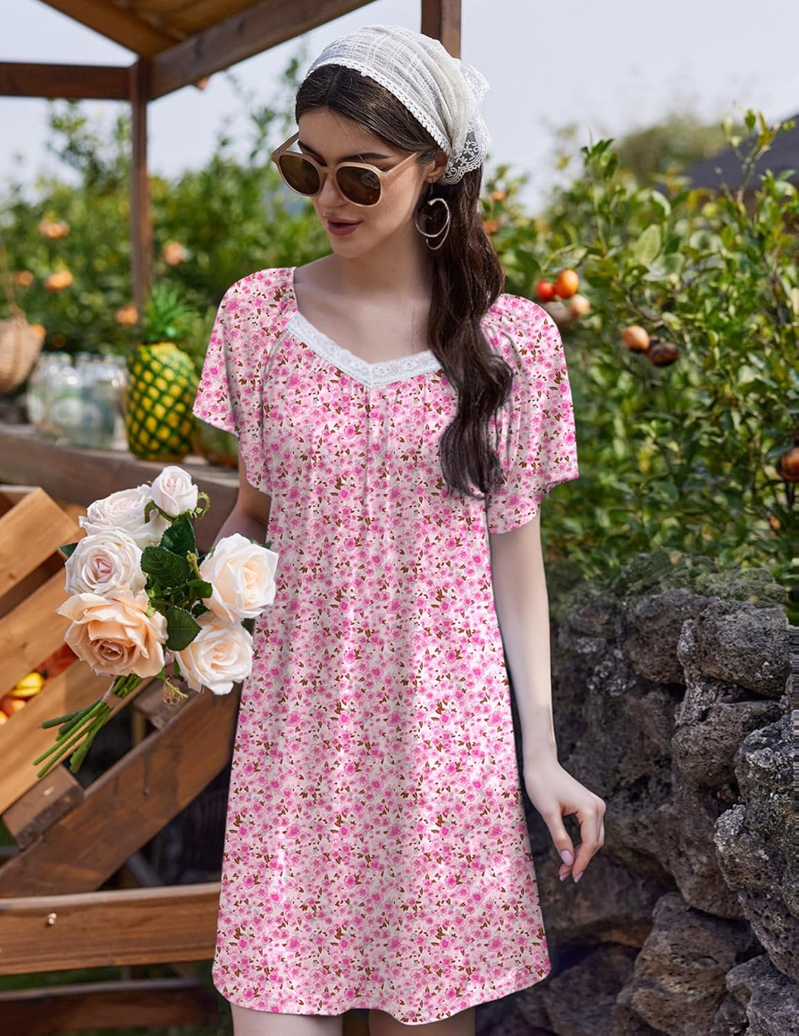 Ekouaer Womens Nightgown Lace Trim V Neck Sleep Shirt Flare Short Sleeve Night Gown Pleated Nightshirt Ladies Nightdress - Image 5