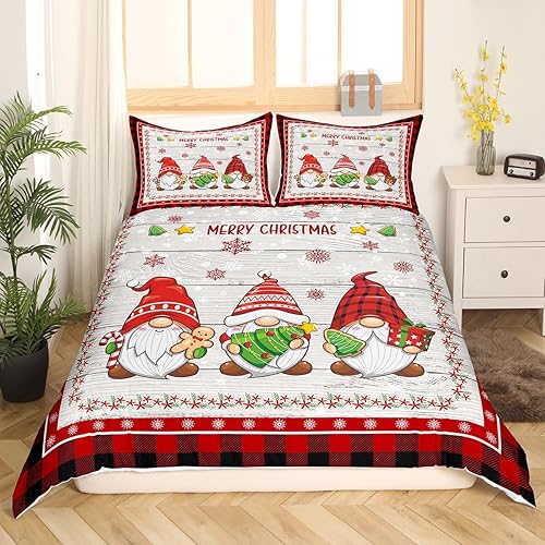 Miniatura 2 de Juego de funda de edredón para niños de Feliz Navidad, tamaño Queen, lindo juego de ropa de cama romántica de gnomos con copos de nieve, decoración