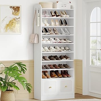 Hzuaneri Shoe Storage Cabinet, 10 Tiers Shoe Cabinet with 2 Cloth Drawers, Wooden Freestanding Shoes Organizer with 2 Hooks, 30-35 Pairs, Shoes Cubby Organizer for Entryway, White SR56303MI