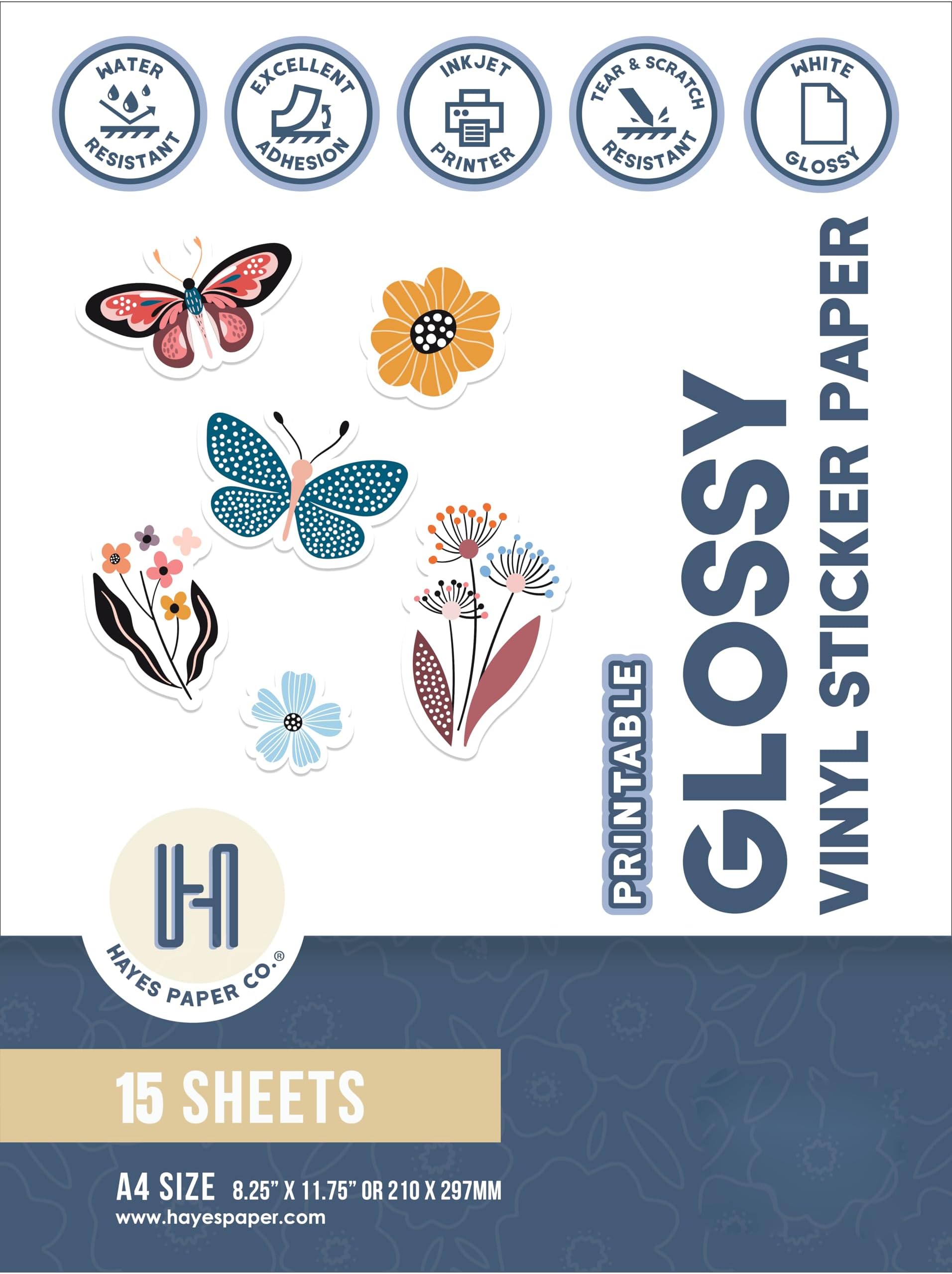 Hayes Paper Co. PAPER, Vinyl Sticker for Inkjet Printers, 15 Premium Glossy White Waterproof Vinyl Sheets, A4 Size