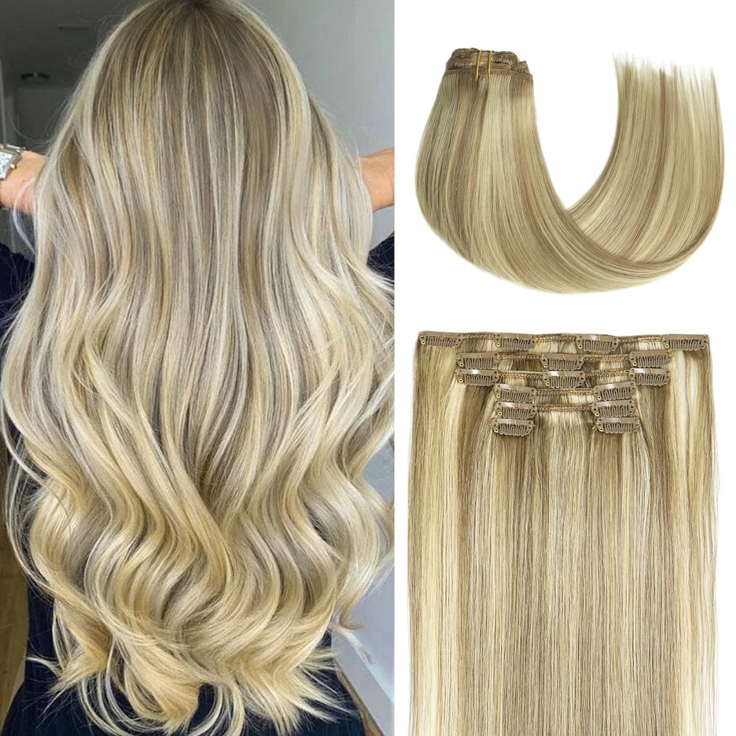 Honsoo Clip in Hair Extensions Real Human Hair, Balayage Hair Extensions Mixed Bleach Blonde 12inch 70g 7pcs Straight Silky Blonde Hair Extensions Heat Safe Hair