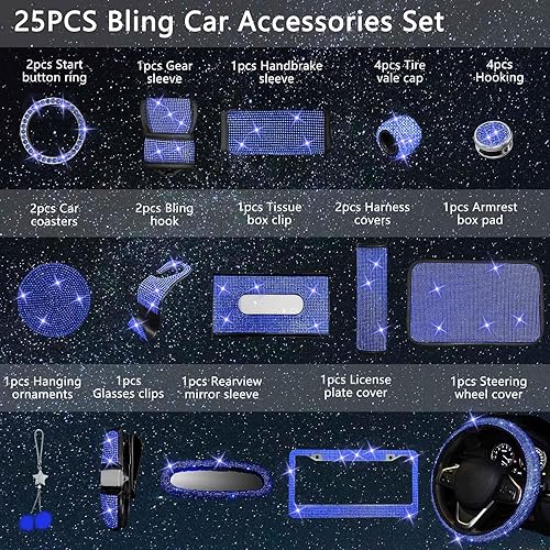 Miniatura 2 de Juego de 25 piezas de piezas de automóvil con brillantes, ajuste universal de 15 pulgadas, marco de placa de icense brillante, cubierta de consola