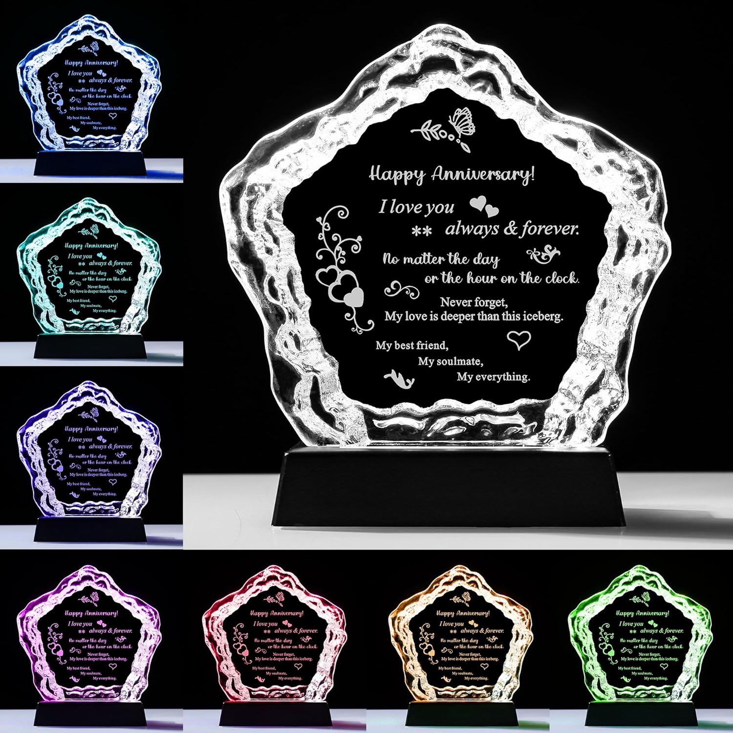 Happy Anniversary Iceberg Crystal with LED Base Laser Engraved Gift,Eternal Romance Keepsake for Couples,Wedding,Valentine's Day Present for Him or Her - Image 2