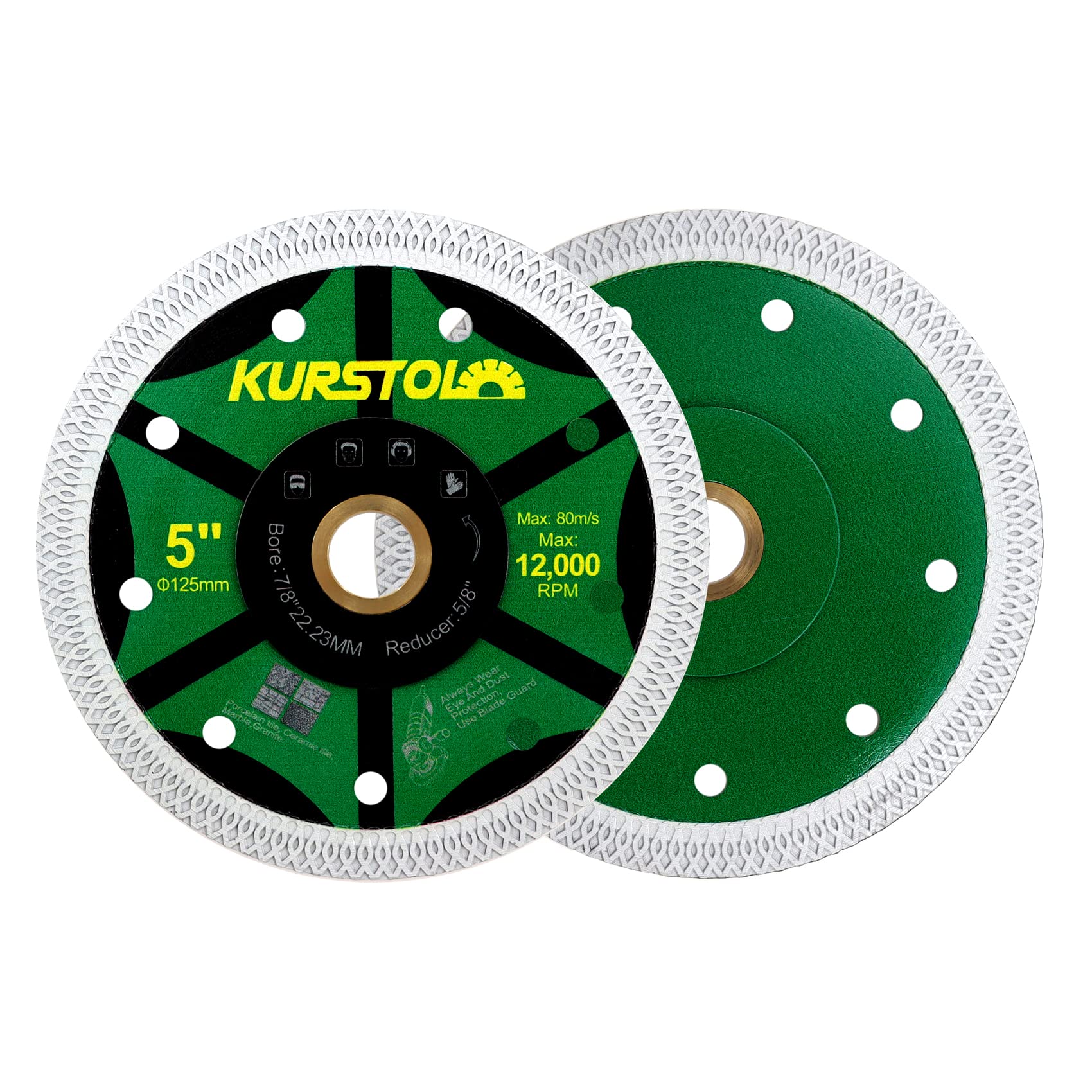 KURSTOL Diamond Tile Cutting Disc - 2pcs 5"/125mm Super Thin Diamond Cutting Wheel Wheel,Bore 22.23-15.875mm for Porcelain Tile Ceramic Marble Granite