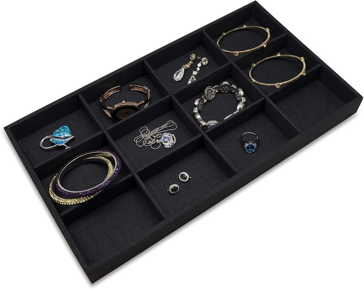 The Display Guys - Stackable Jewelry Tray and Organizer - for Drawers, Dressers, Store Display (12 Compartments, Black Burlap)