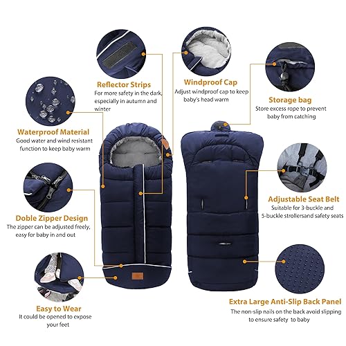 Miniatura 10 de LAT - Saco de dormir para bebé, cálido, universal, saco de dormir para cochecito para clima frío, saco impermeable para niños pequeños (desmontable,