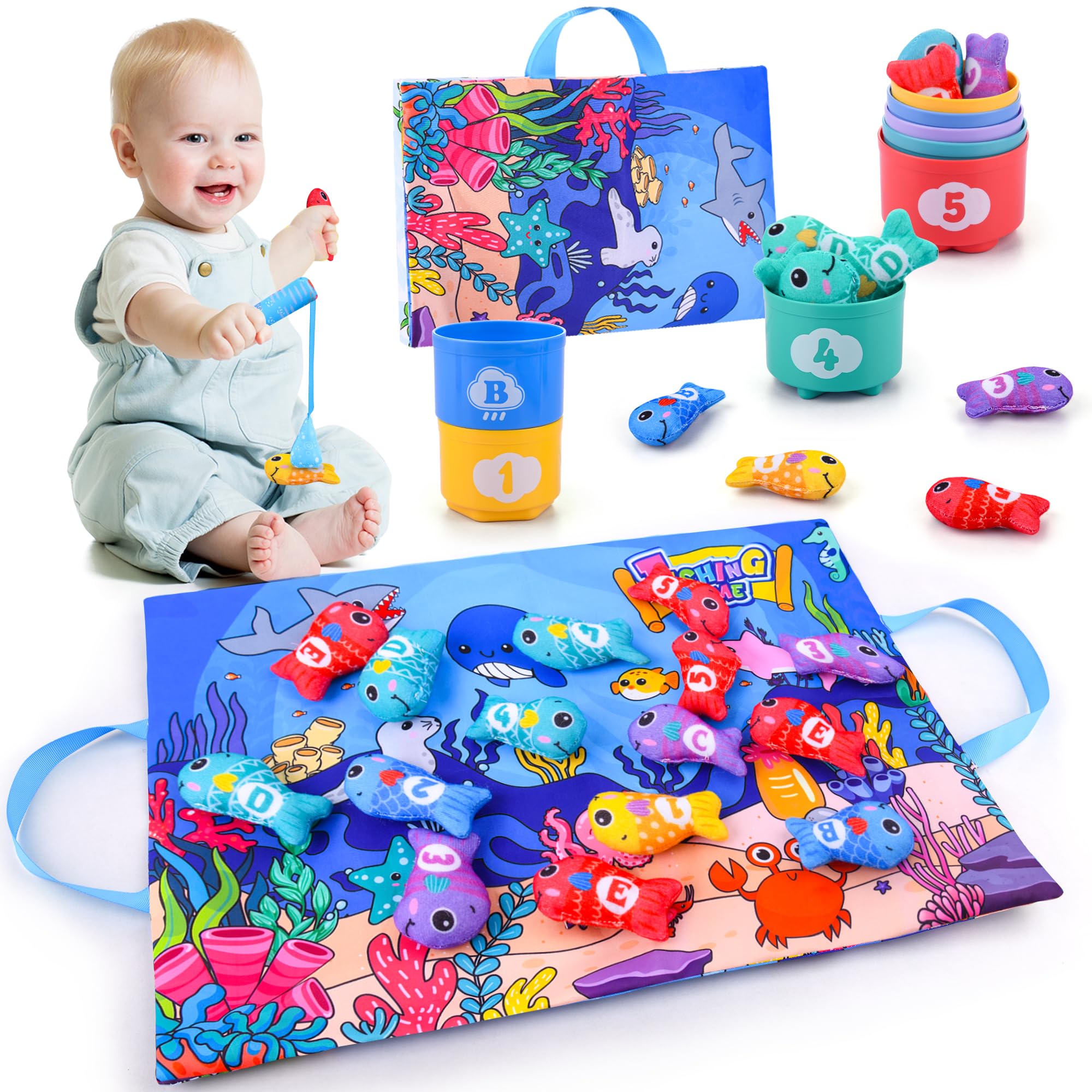 Jeu De Pêche Magnétique IKidiki - Jouet Montessori 1-3 Ans Avec Poissons Et Seaux Empilables