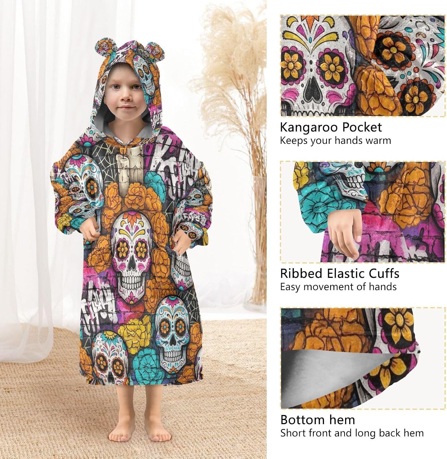 Kigai Skull Wearable Blanket Hoodie for Kids Oversized Hooded Blanket Warm & Cozy Sweatshirt with Pockets