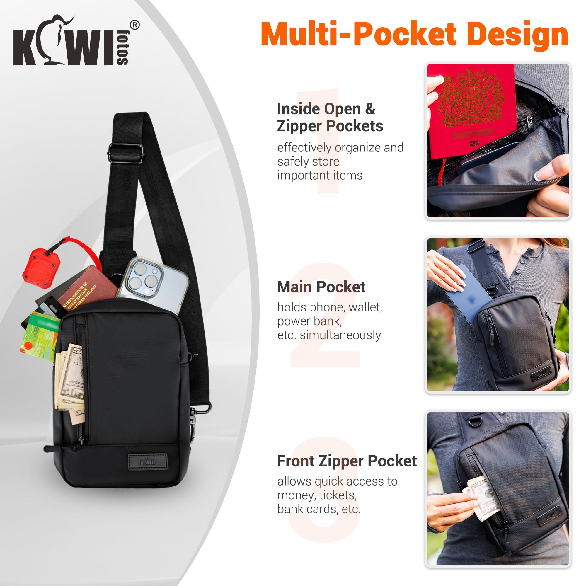 Kiwifotos Borsa a tracolla piccola Borsa a tracolla per uomo e donna Borsa a petto resistente all'acqua con cerniera, borsa a tracolla per viaggi, campeggio e sport all'aria aperta
