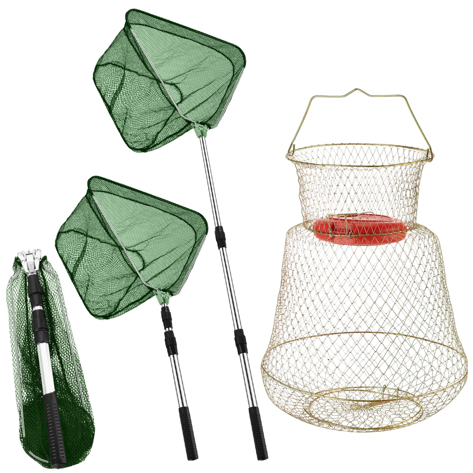 Hollowfly 2 cestas de alambre de acero y red de aterrizaje de pesca con extensión de poste telescópico de aluminio, incluye 1 red de pesca portátil con asa, 1 cesta de pesca plegable de alambre para
