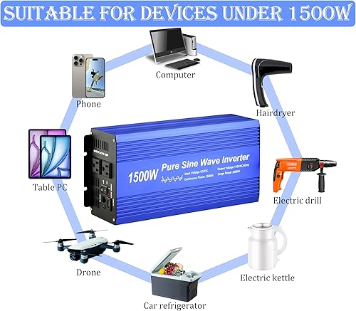 Miniatura 4 de Inversor de corriente de onda sinusoidal pura DC12V a CA 110V con enchufes dobles y USB, kit remoto LCD. (1500W)