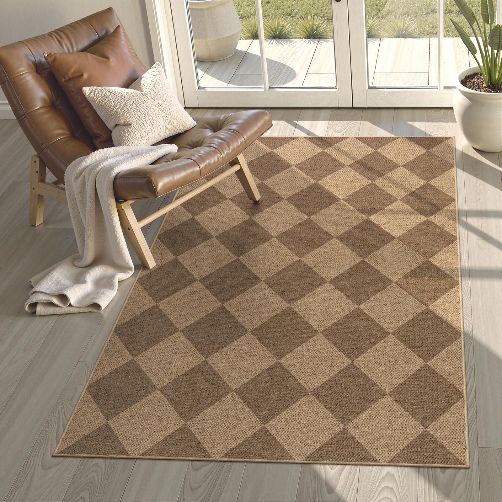 Lanffia Checkered Easy Jute Entryway Rugs, 3x5 Neutral Outdoor Rug for Patios, Checkerboard Washable Indoor Outdoor Rug, Farmhouse Non Slip Stain