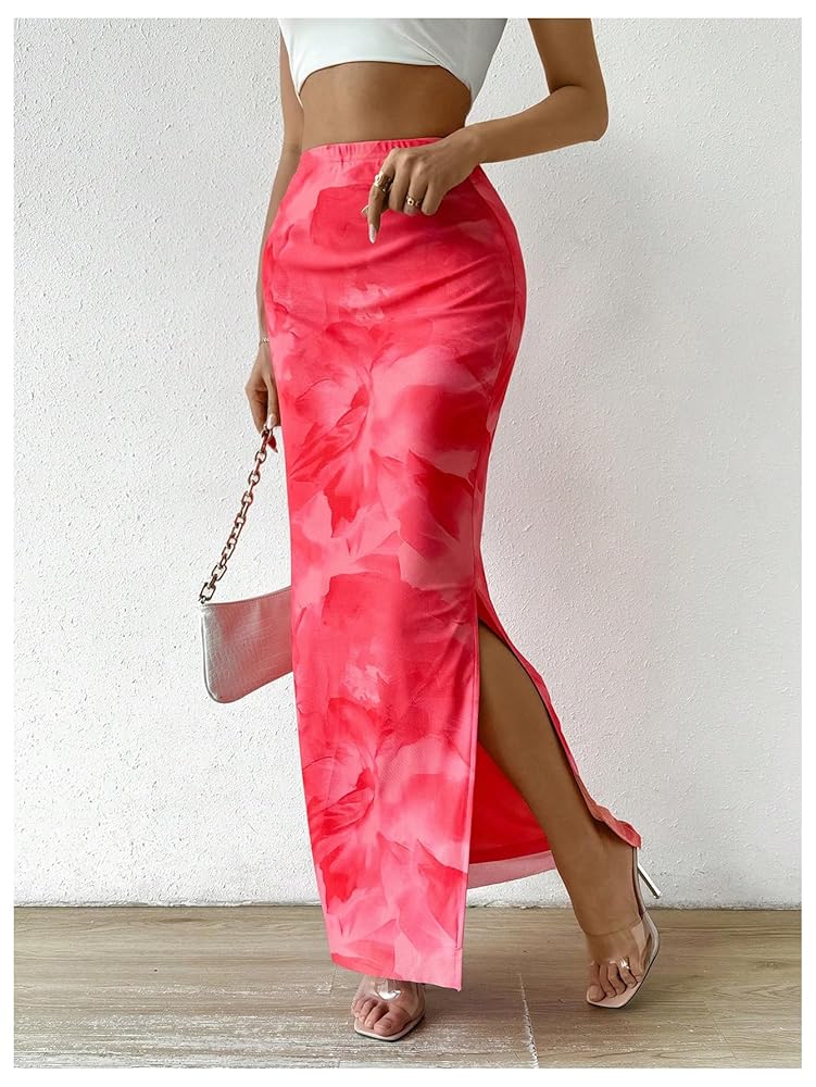 Milumia Women's Tie Dye High Waist Mesh Bodycon Long Skirt