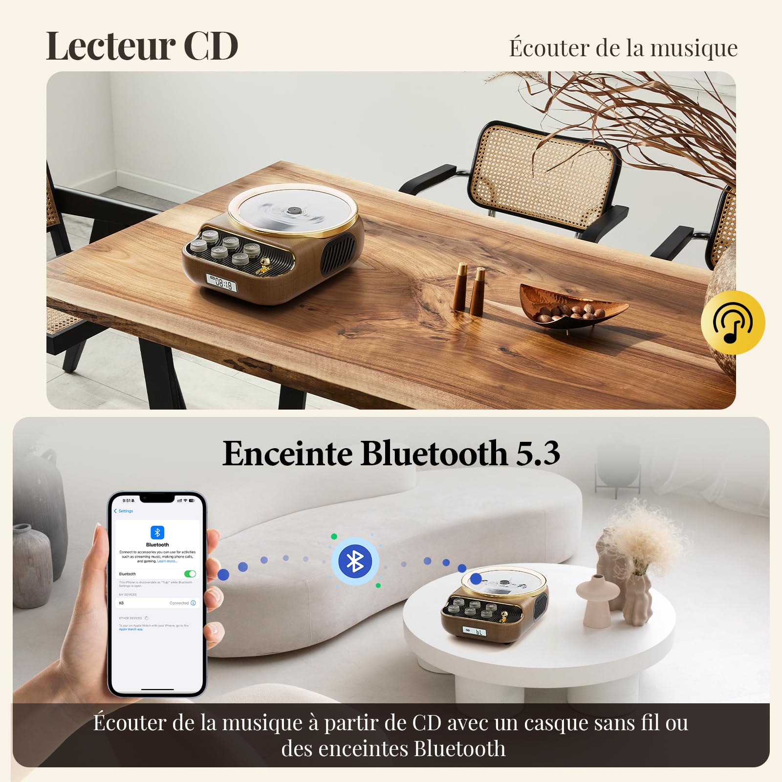 Lecteur de CD Portable Amélioré et Haut Parleur Bluetooth5.3 6en1 Rechargeable pour Voiture Maison avec, Radio FM, Prise en Charge AUX/TF, Prise Casque