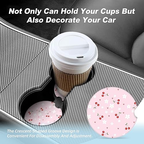 Miniatura 7 de Posavasos de coche de cereza rosa para portavasos de automóvil, paquete de 2 posavasos de automóvil para automóvil, posavasos absorbentes de