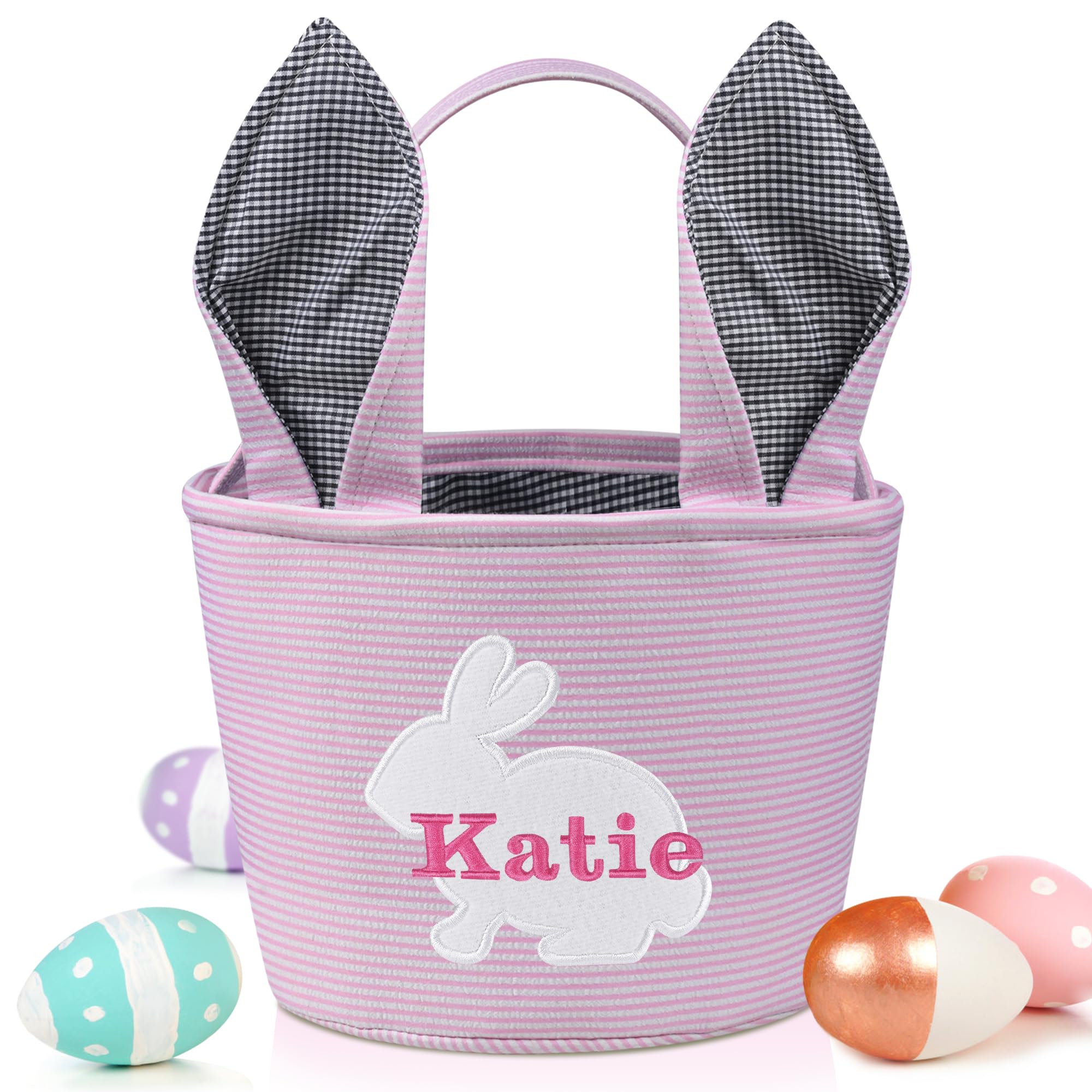 Personalized Easter Basket, VIAKDEM Easter Baskets for Kids Easter Bunny Baskets Custom Easter Basket with Name - Pink
