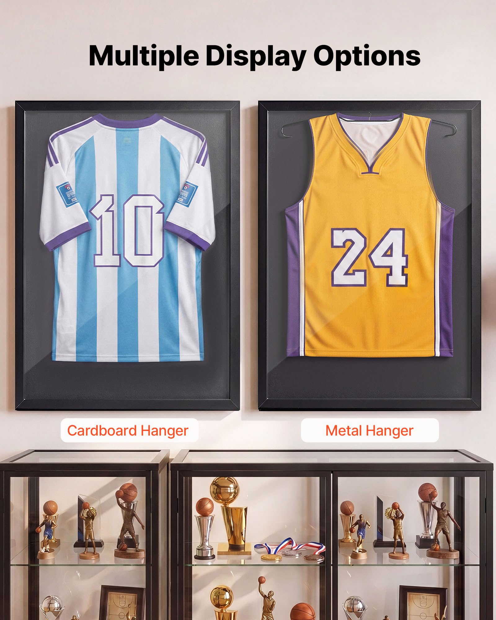 VEVOR Marco de Camisetas de Madera 70 x 90 x 3 cm, Vitrina para Camisetas Deportivas con Panel de Policarbonato con Protección UV, Expositor para Uniformes de Baloncesto, Fútbol, Béisbol, Negro