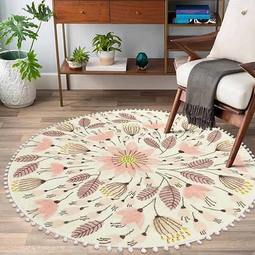 Miniatura 6 de Uphome Alfombra redonda para dormitorio, 5.3 pies, bonita alfombra circular con pompones y flecos, diseño floral, lavable, antideslizante, suave,