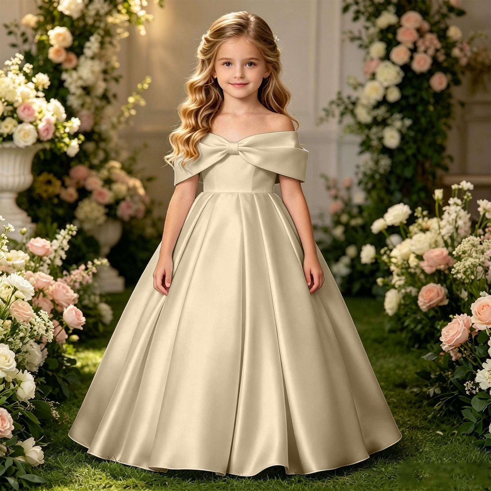 Vestido NiñA Elegantes, Vestido NiñA Ceremonia Lunares, Vestidos De Fiesta Largo hasta El Suelo Color Liso con Hombros Descubiertos Y Un Gran Lazo Mayores Dresses Summer Dress Dress Vestidos Verano