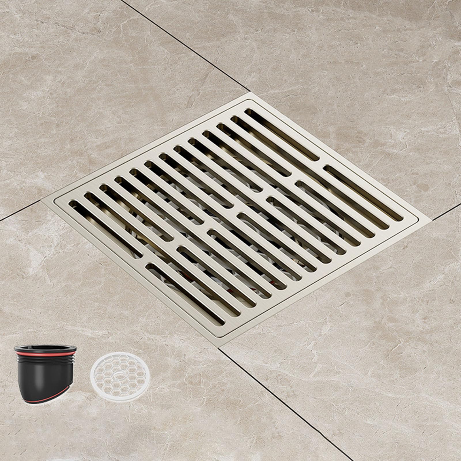 Scarico Pavimento Quadrato da 4 Pollici (10 * 10 Cm), Scarico Doccia in Linea in Ottone di Grande Volume, con Griglia Rimovibile, con Filtro per Capelli,4 inch,B