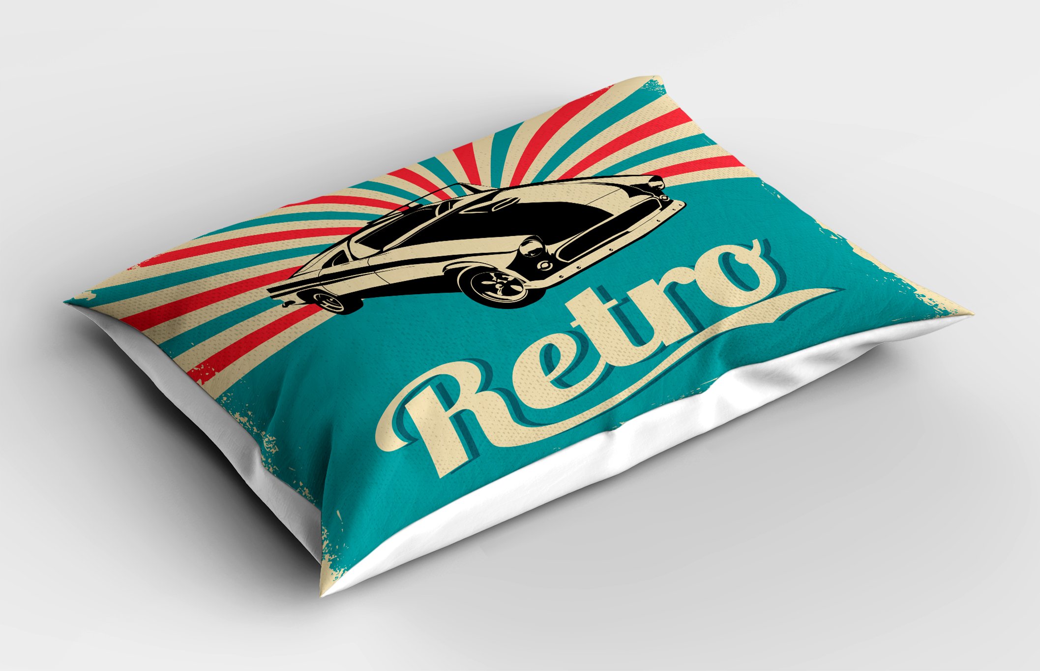 Ambesonne Cars Pillow Sham, Classical American Car on Retro Striped Backdrop with Grunge Display, Decorative Standard King Size Printed Pillowcase, 36