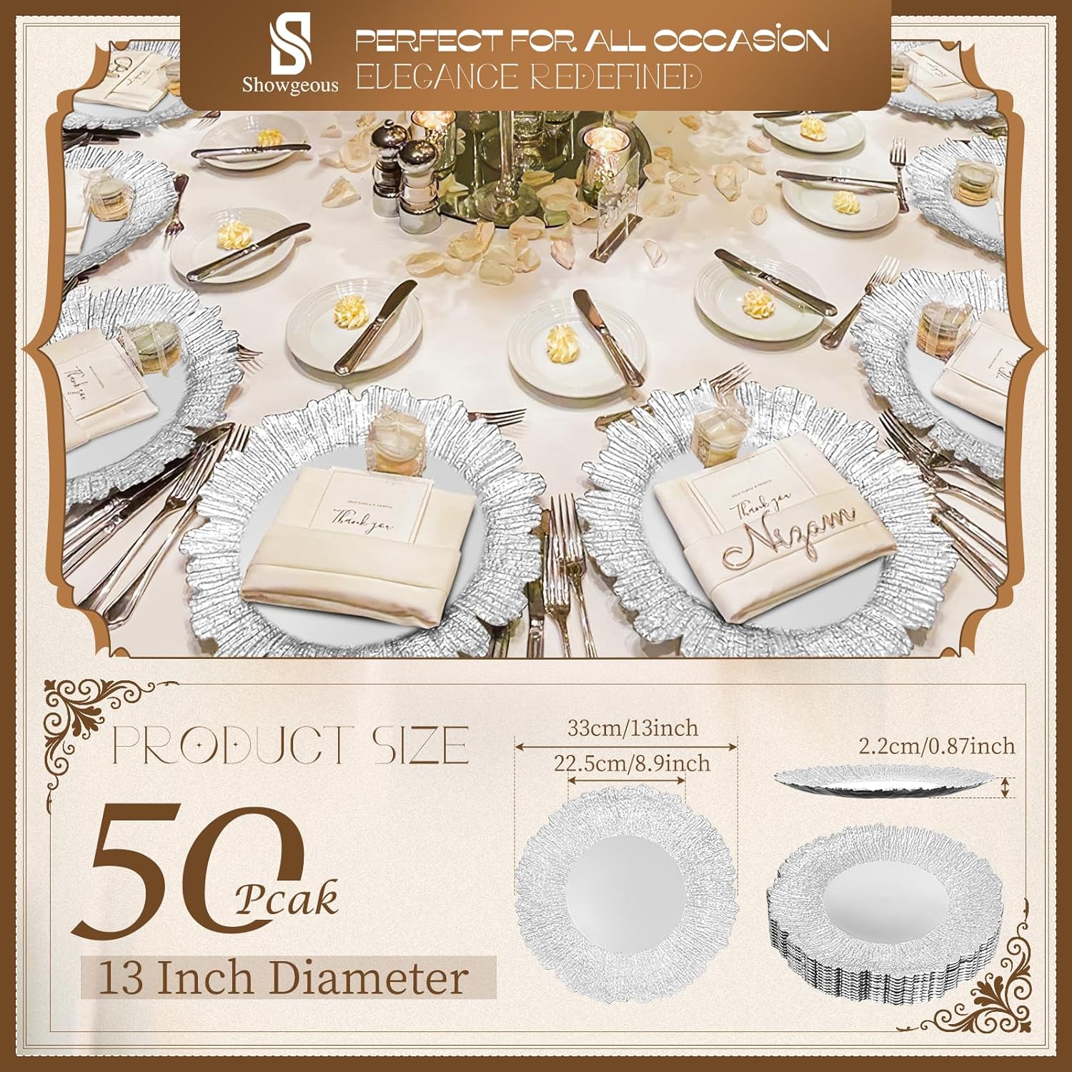 Showgeous 50 Pack Silver Charger Plates 13'' Reef Plate Chargers for Dinner Plates Round Plastic Plate Chargers for Wedding Dinner Parties Table Serving Home Decoration