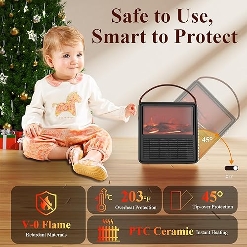 Miniatura 6 de Minthouz Calentador de espacio, calentadores para uso en interiores, efecto de llama 3D, calentador portátil de cerámica PTC ajustable de 1200 W800