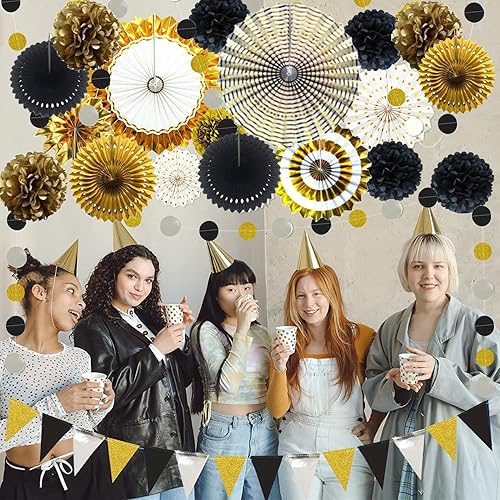 Miniatura 5 de Abanicos de papel colgantes negros y dorados para decoración de graduación, suministros de fiesta de fiesta, juego de 8