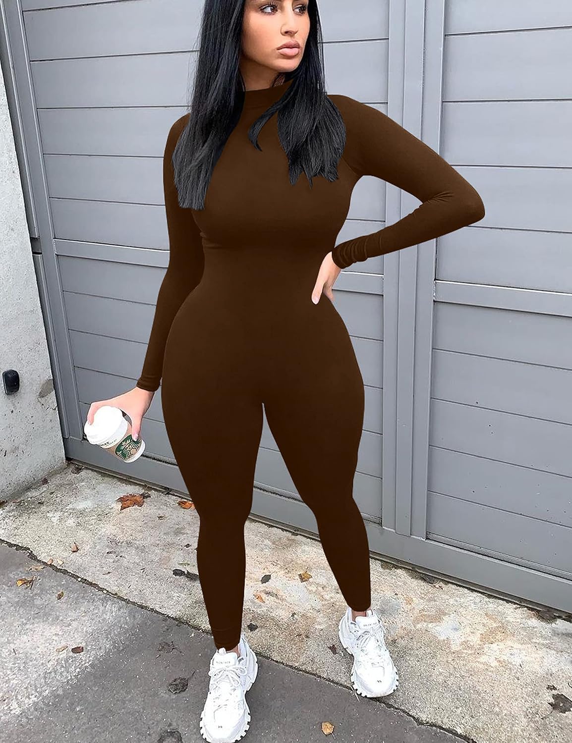 Mizoci Women's Sexy Bodycon Long Sleeve Mock Neck One Piece Jumpsuit Romper - Image 3