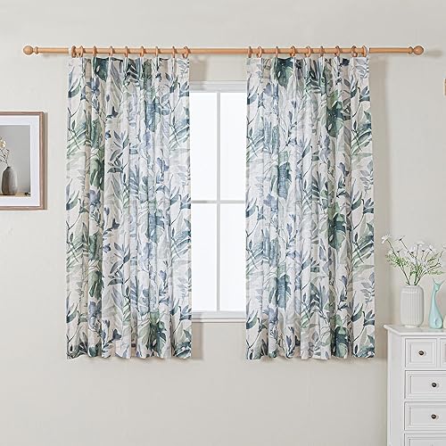 MYSKY HOME Pinch Pleated Curtains 63 inches Long Floral Linen Curtains for Living Room Light Filtering Curtains Privacy Protect Printed Drape Window Treatments 2 Panel, Sage and Natural