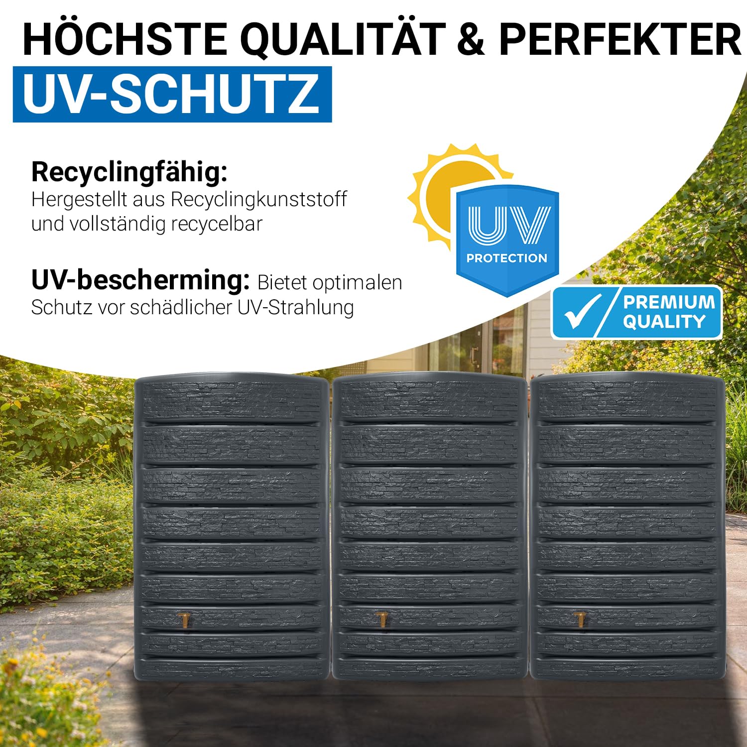 4rain ExtraSLIM Stone Decor Regentonne Wandtank-Set 1200 Liter Graphite | Grey, 3 x ExtraSLIM Stone Decor 400 Liter inkl. Verbinder Wassertank, Fass, Regenfass, Regenwassertonne, Regenwassertank