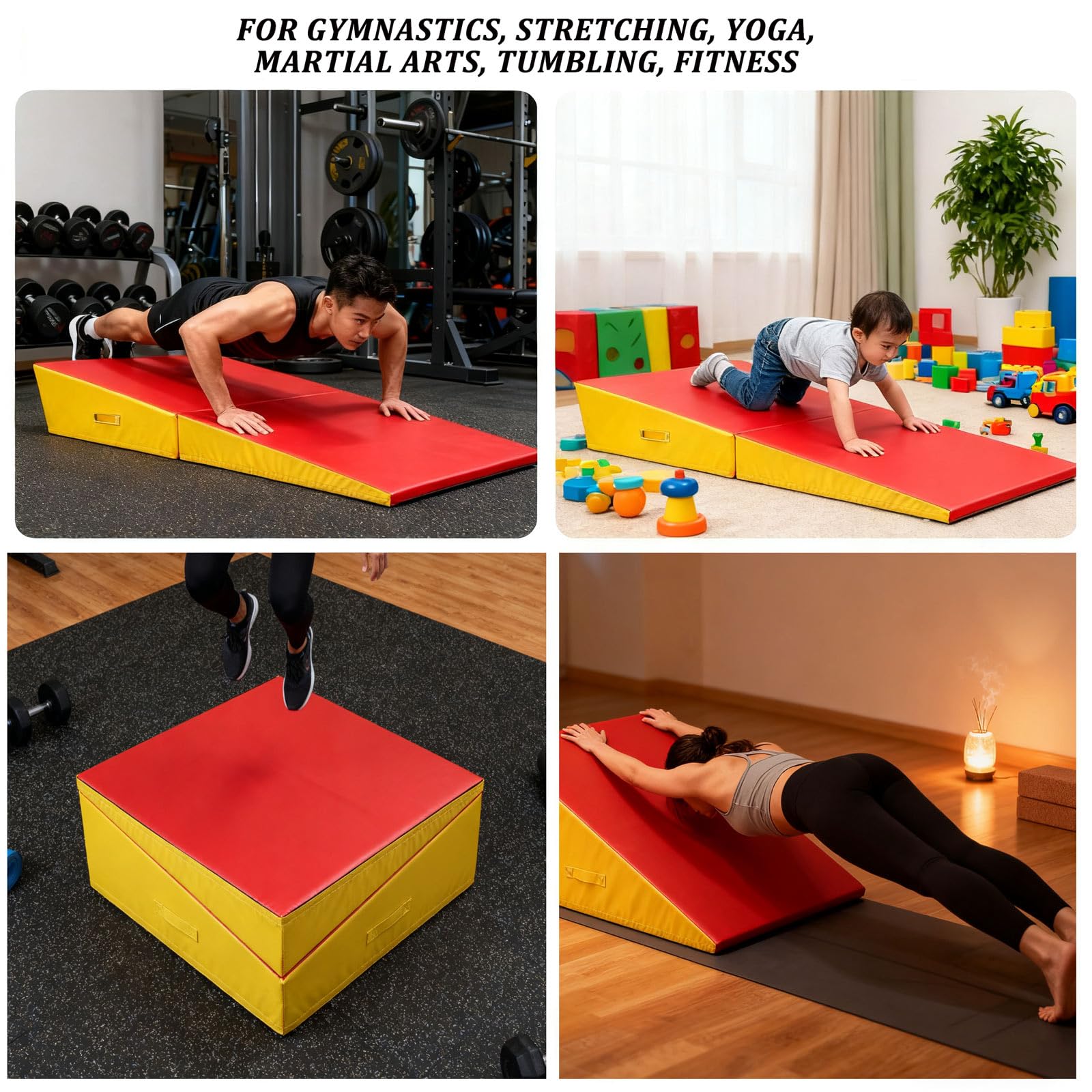 Tappetino da Ginnastica Inclinato Pieghevole, 187x57x40cm con Manico Trasporto e Superficie Antiscivolo, per Allenamento Casa, Palestra, Yoga, Aerobica F(Size:187*57*40cm/73*22*15in,Color:rosso/yellw)