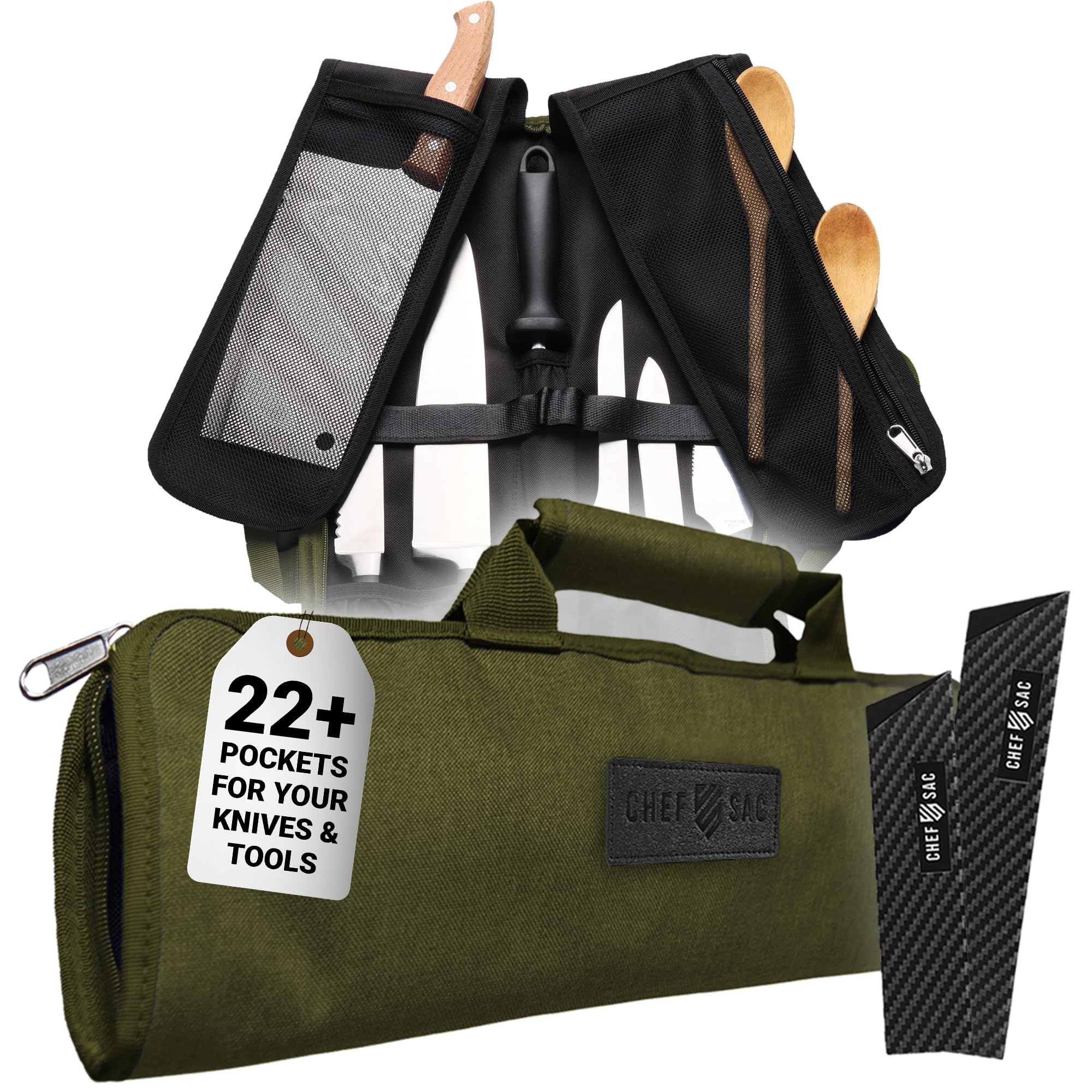 Chef Knife Bag Roll Bag Case | 8 Pockets for Knives & Kitchen Utensils | 2 Protective Flaps with Butcher Knife Pocket & Mesh Pocket | Durable Knife Case for Chefs & Culinary Students (Green)