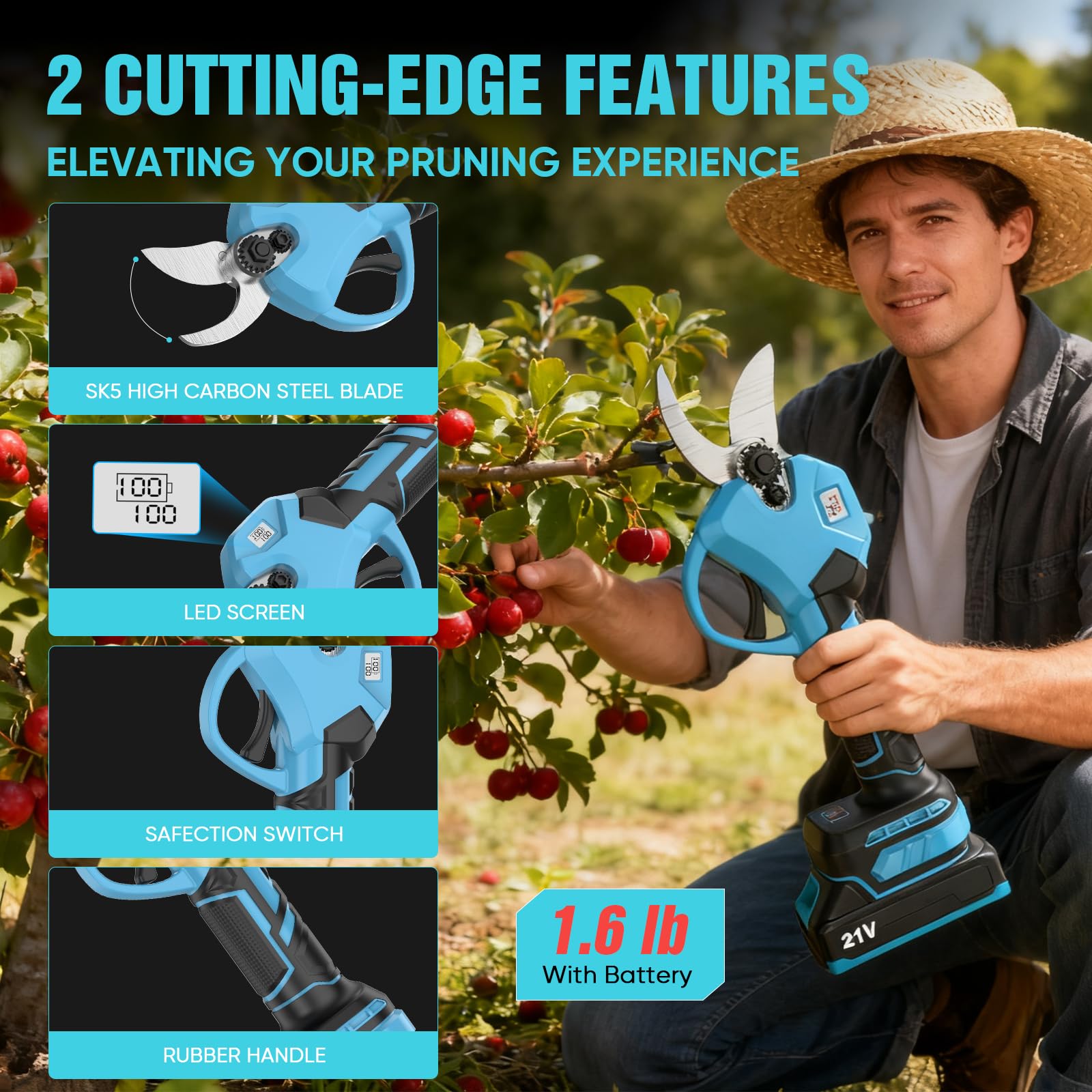 Akku Astschere, 40mm Elektrische Gartenschere für Makita 18V Akku, 1000W Bürstenloser Motor, SK5 Klingen, LED-Display, Doppelte Sicherheitsverriegelung, für Garten, Sträucher und Äste