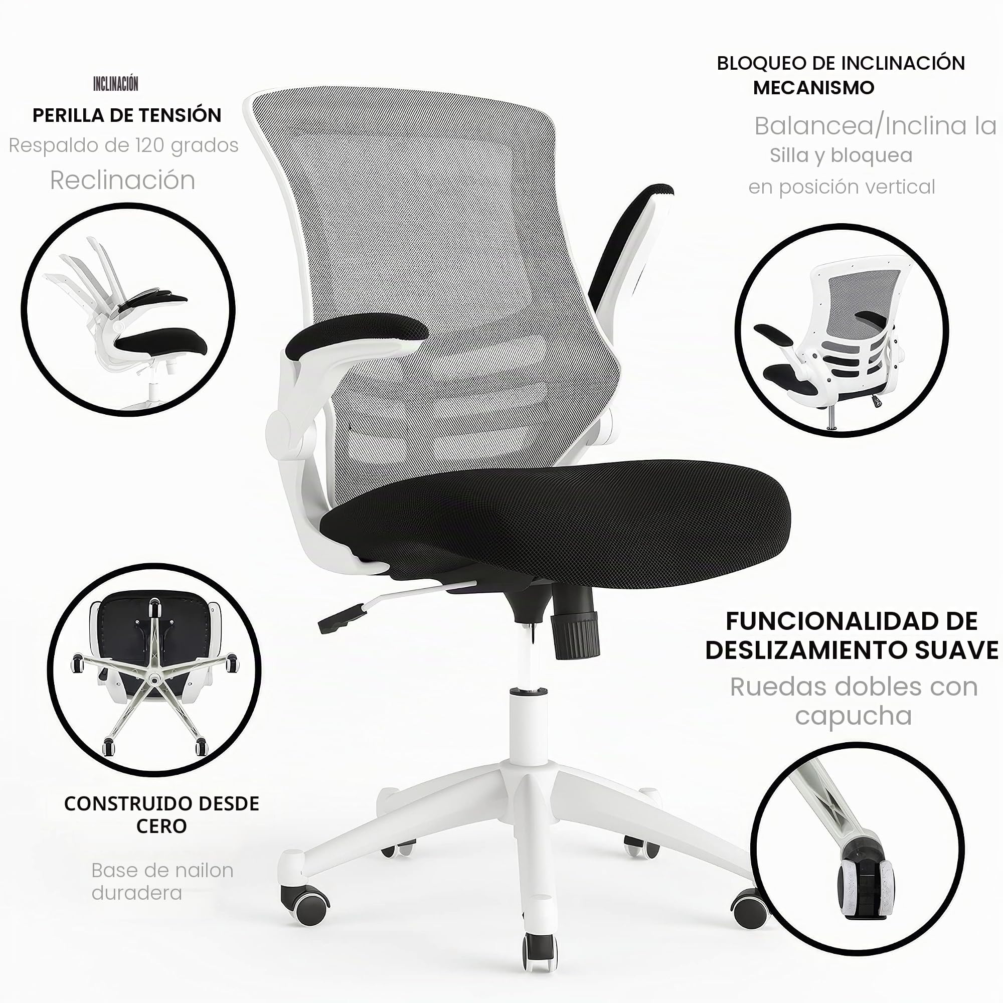 Flash Furniture Silla de Oficina Kelista, ergonómica, Respaldo Medio, Marco Blanco, Malla Negra con Giro