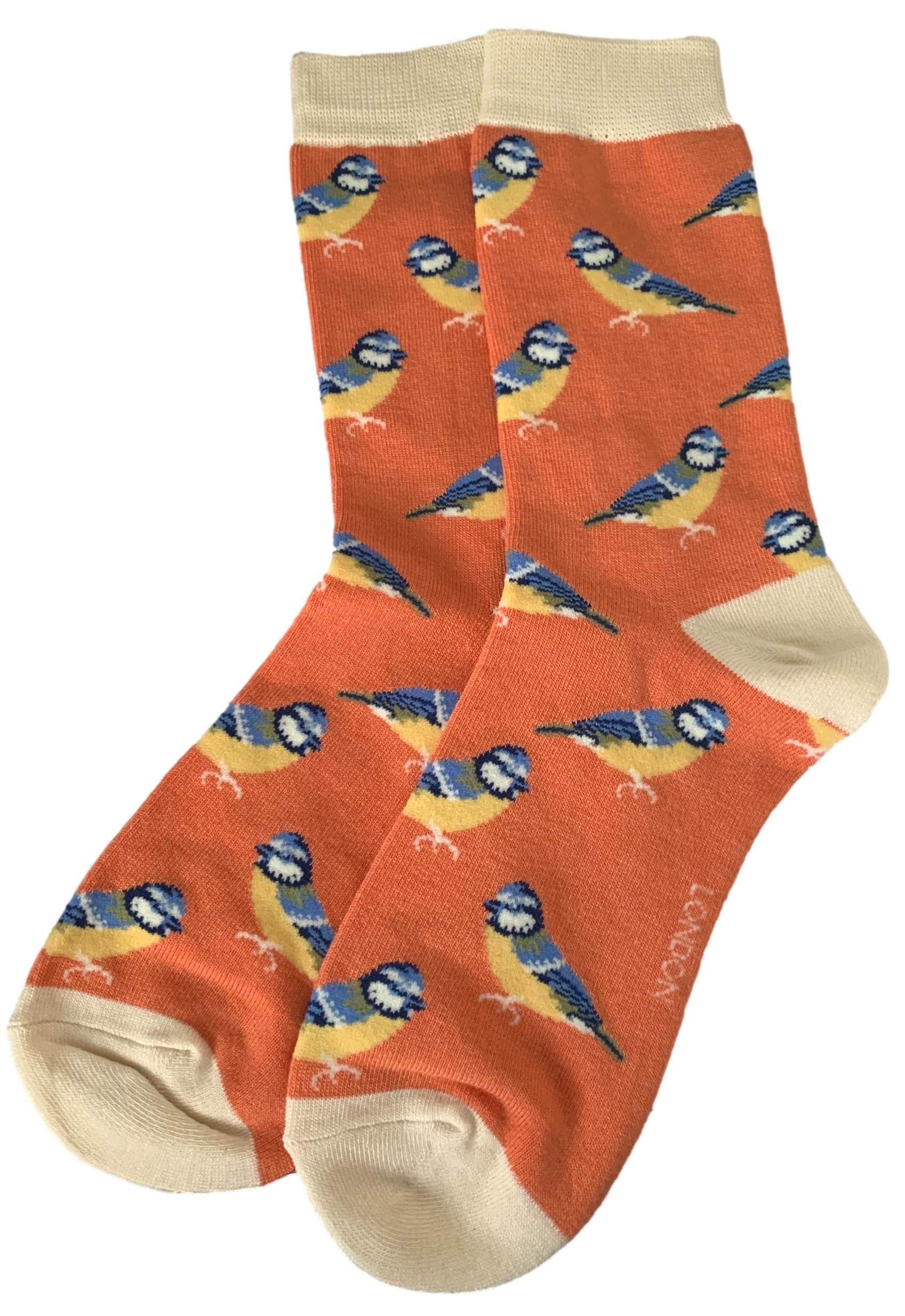 Purple Possum® Bird Socks Ladies Blue Tit Birds Bamboo Cotton Blend Shoe Size 3-7 Womens Novelty Socks (Orange)
