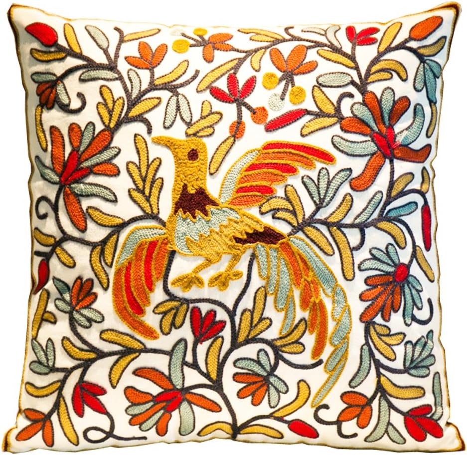 Yumin Embroidery Throw Pillow Case Cotton Cushion Case Square Decorative Cushion Cover 18x18 for Sofa,Bedroom,Holiday,Gifts,Home Decor(Orange Phoenix)