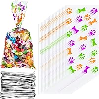 Maitys 100 Pack Cute Dog Paw Cellophane Treat Bags 8x4 Inch with 200 Twist Ties - Colorful Party Favors for Candy & Pet Goodies