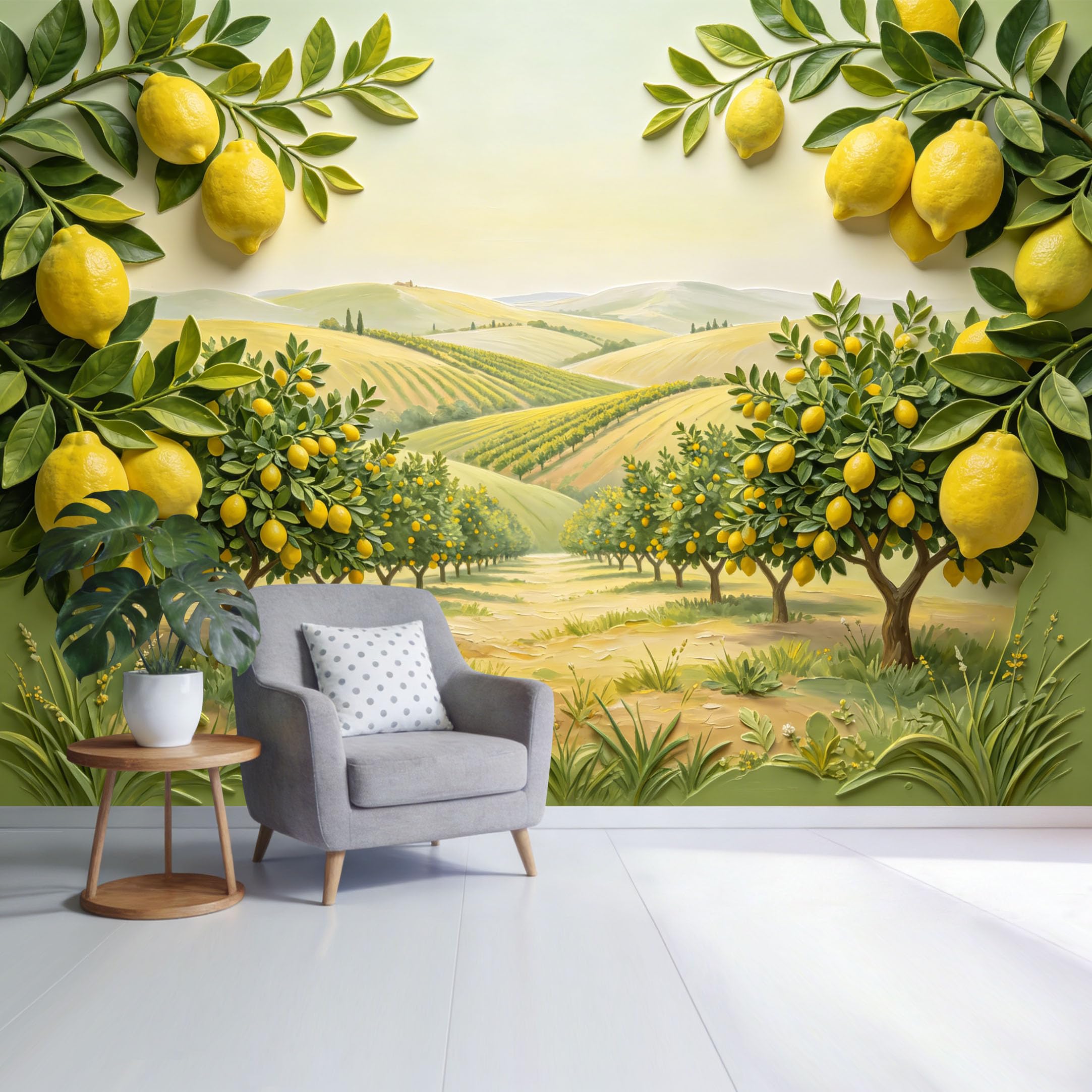 Custom Size Wall Mural Lemon Orchard Landscape with Rolling Hills Botanical Watercolor Style SelfAdhesive Wall Fabric Removable Wallpaper for Home Office Decor