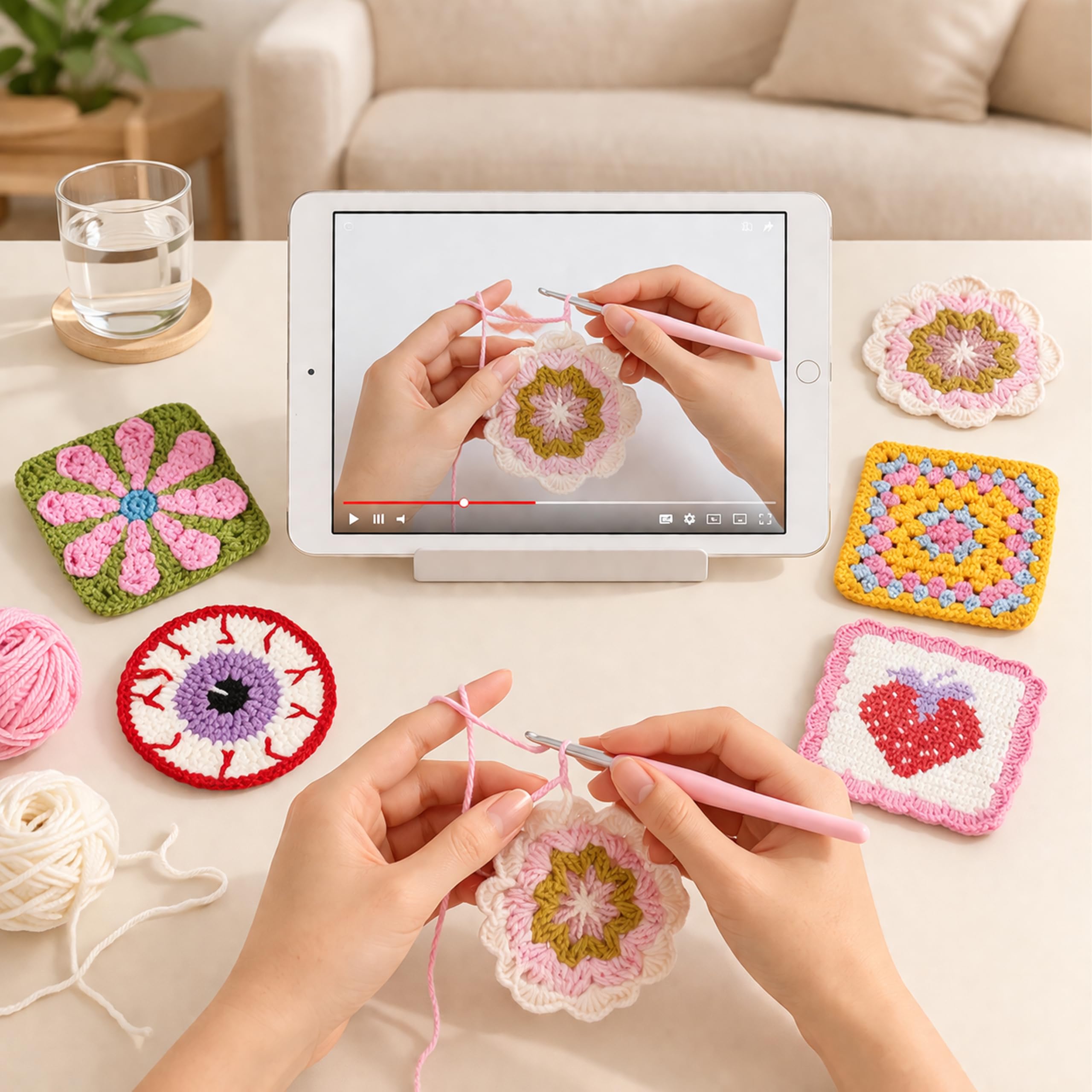 HOUSE CREATIVITY Kit per uncinetto per principianti e adulti, set completo con filato di 20 colori, video tutorial, ganci | Kit per imparare a lavorare all'uncinetto fai da te per donne e adulti