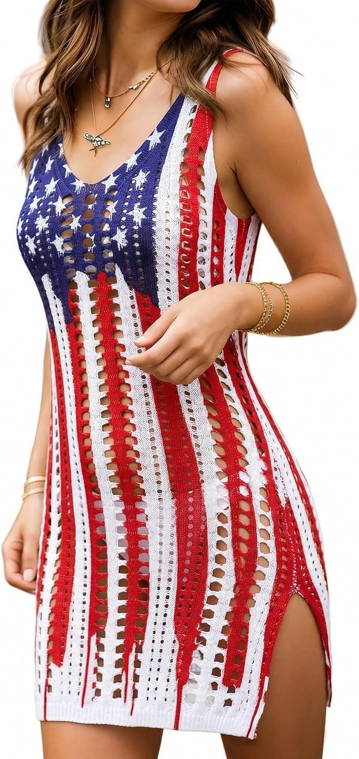 KIDDAD American Flag Swimsuits Coverup for Women Crochet Bathing Suit Cover Ups 4th of July Beach Swimwear Tank Dresses