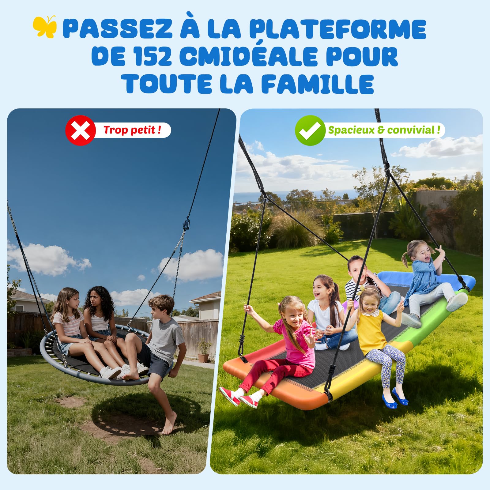 Trekassy balancoire nid d'oiseau, 152CM 326KG Balancoire Extérieur Enfant avec 2 Pièces Sangles De 3 Mètres, balancoire Ronde Suspendue Imperméable pour Plus d'enfants, Adultes