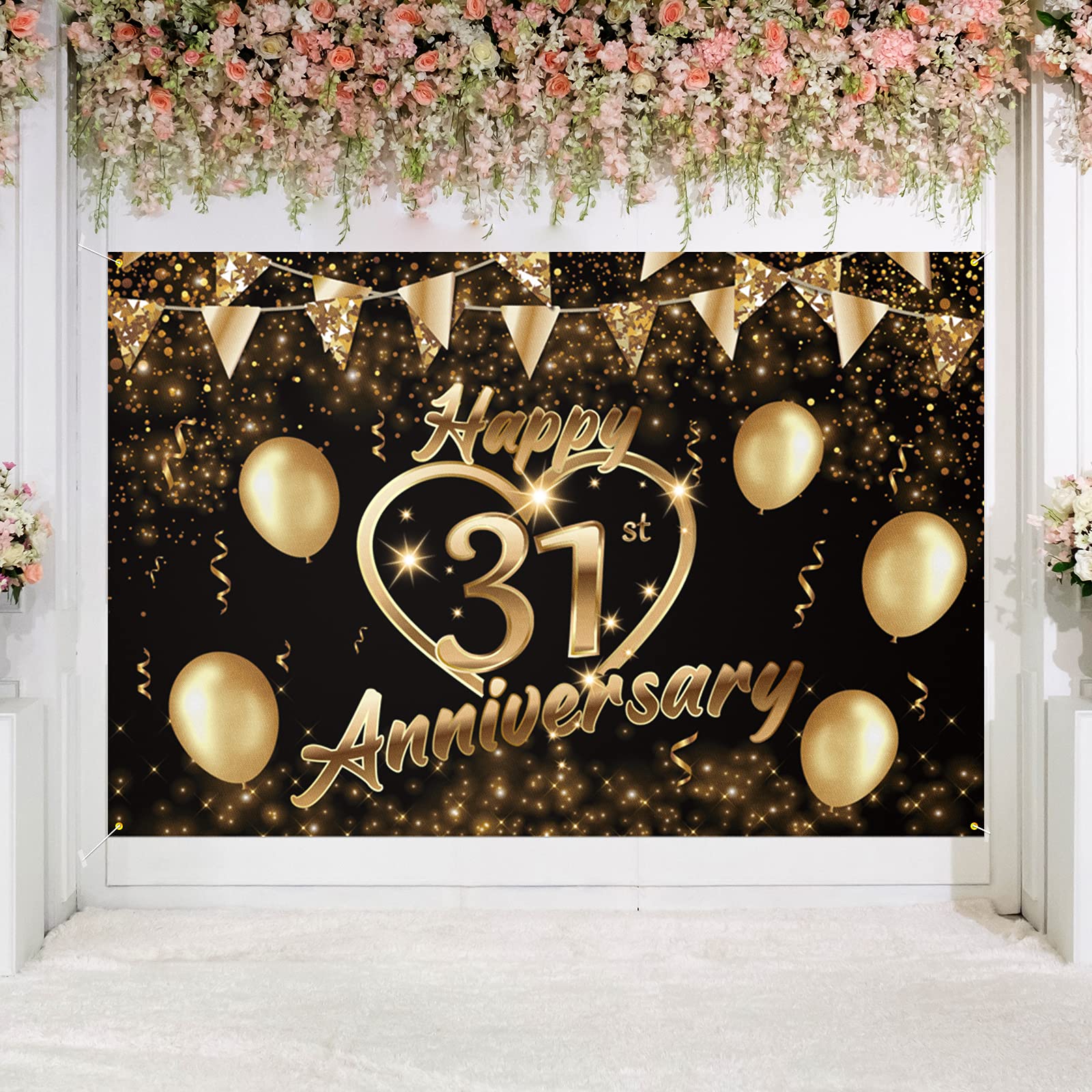 Happy 31st Anniversary Backdrop Banner Decor Black Gold – Glitter Love Heart Happy 31 Years Wedding Anniversary Party Theme Decorations for Women Men