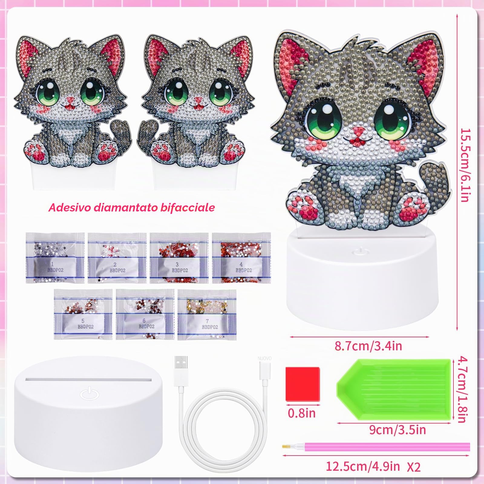 Diamond Painting Luce Notturna Regali Per Ragazze 5 6 7 8 9 10 Anni 3D Creative Diamond Painting Lampada Gatto Grigio, Regalo di Natale per Bambini dai 6 ai 12 anni