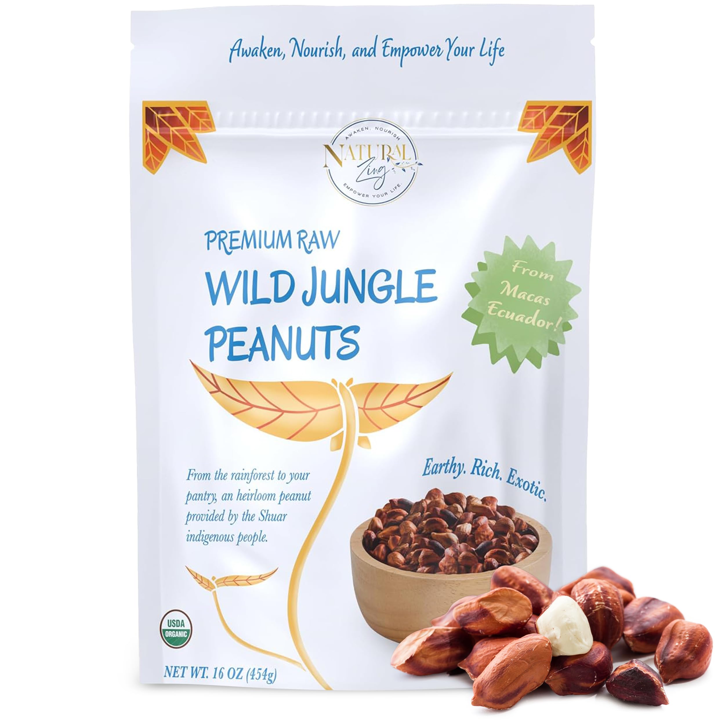 Natural Zing Raw OrganicWild Jungle Peanuts – 8 oz | Healthy Organic Heirloom Peanuts | Rare, Non-Hybridized Ecuadorian Variety | Raw No Shell | Vegan Protein Snack | No Additives
