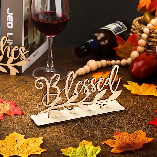Miniatura 6 de 24 piezas de letrero de madera con soporte de Thankful Grateful Gather Blessed Sign Word Wood Cutout Letrero de mesa de Acción de Gracias para