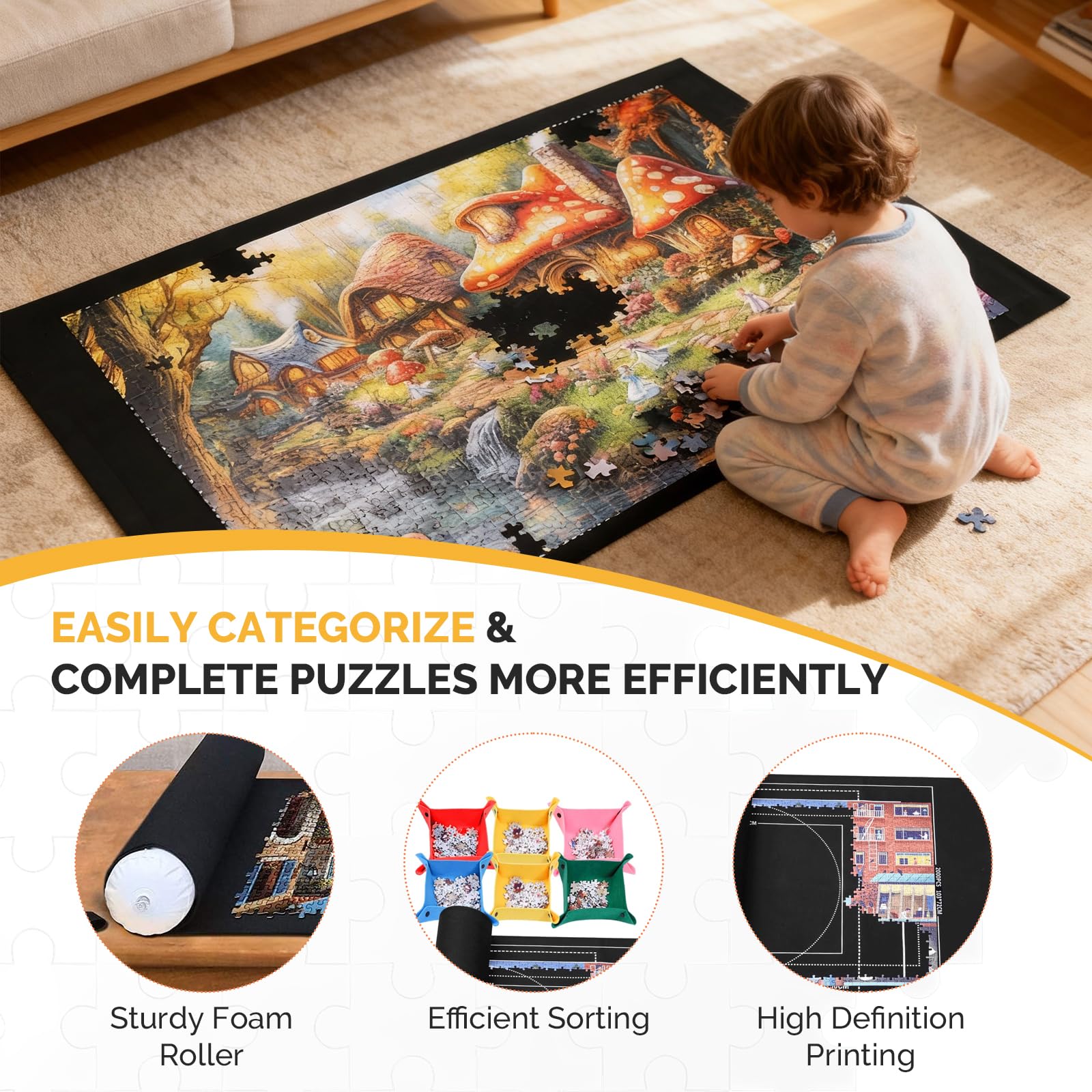 Puzzlematte bis 1500 Teile - Puzzle Rolle Matte mit Aufrollfunktion - rutschfeste Puzzleteppich - Tragbare Puzzleunterlage mit 4 Sortierschalen - Praktisches Puzzle Zubehör für Erwachsene