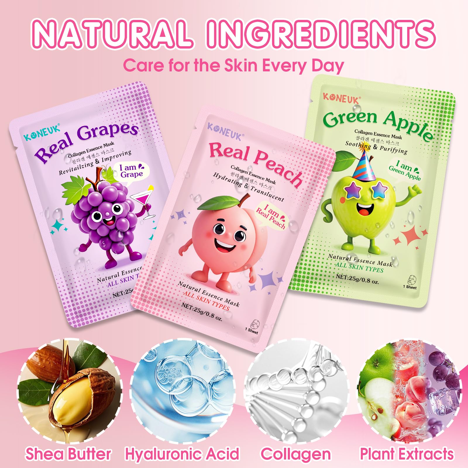 KONEUK Paquete de 14 mascarillas faciales de frutas para el cuidado de la piel de los niños, mascarilla hidratante para todo tipo de piel, máscara facial suelta de colágeno para