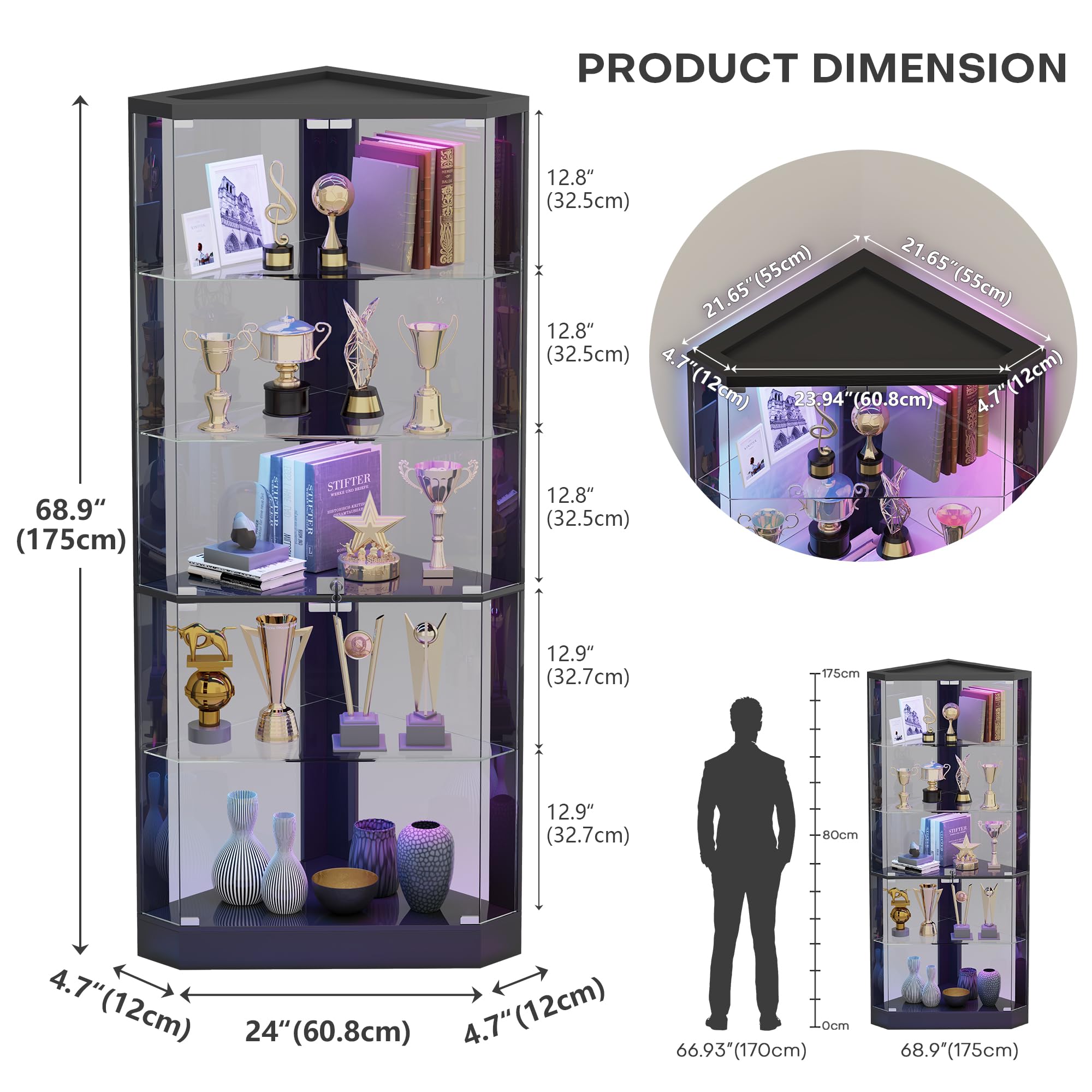 Eckvitrine – mit RGB Beleuchtung,5-Lagen Glasvitrine Vitrine mit Intelligente Sensorik,175 cm Höhe Vitrinenschrank Bücherregal Sammlervitrine Und Wohnzimmer Vitrine -Schlafzimmer Schwarz
