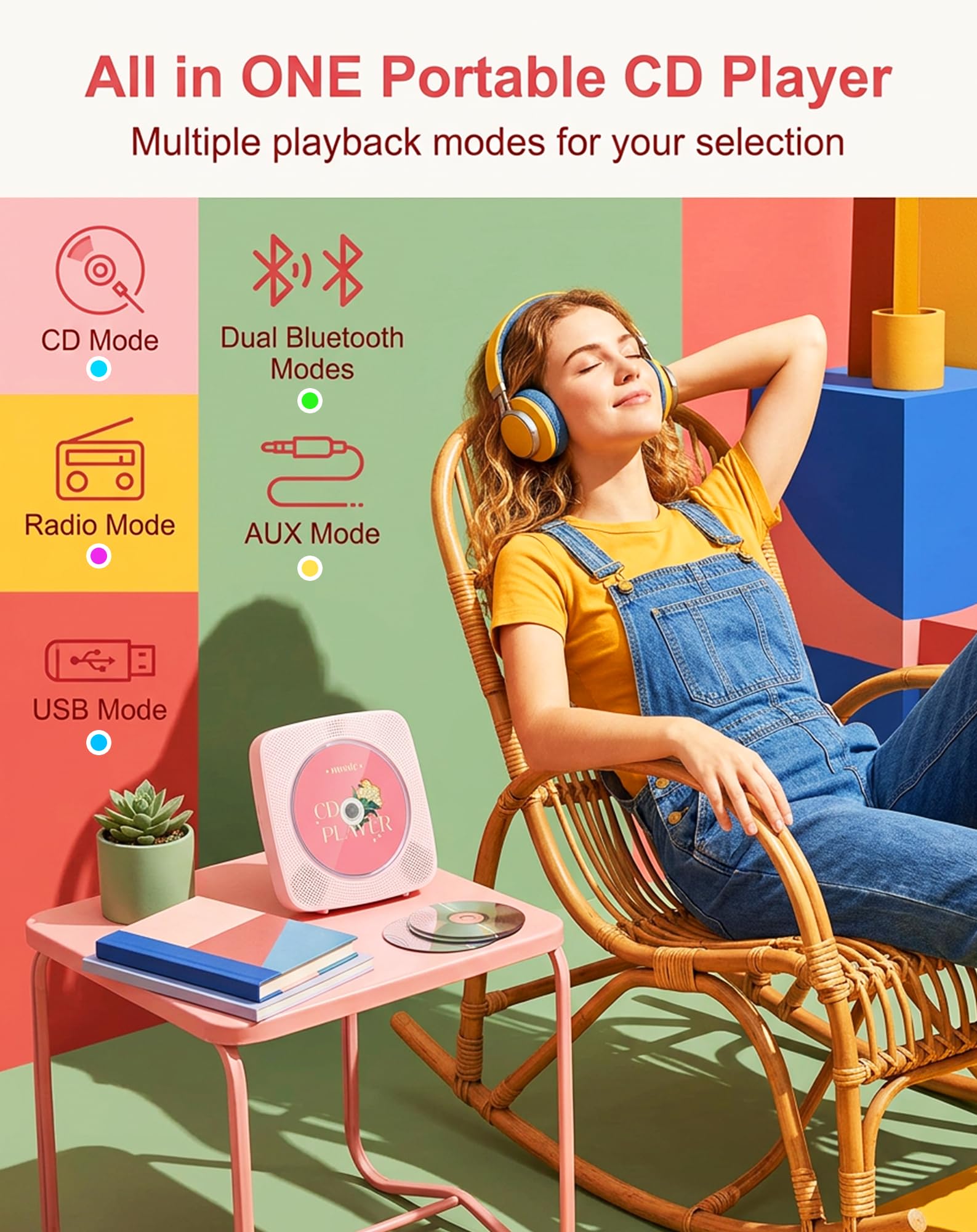 CD Player Tragbar Bluetooth Radio mit CD-Player mit Lautsprecher Unterstützung USB & AUX-Wiedergabe mit Fernbedienung Staubschutzhülle Rosa